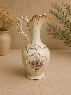 Elegant Cream Porcelain Floral Pitcher with Gold Trim